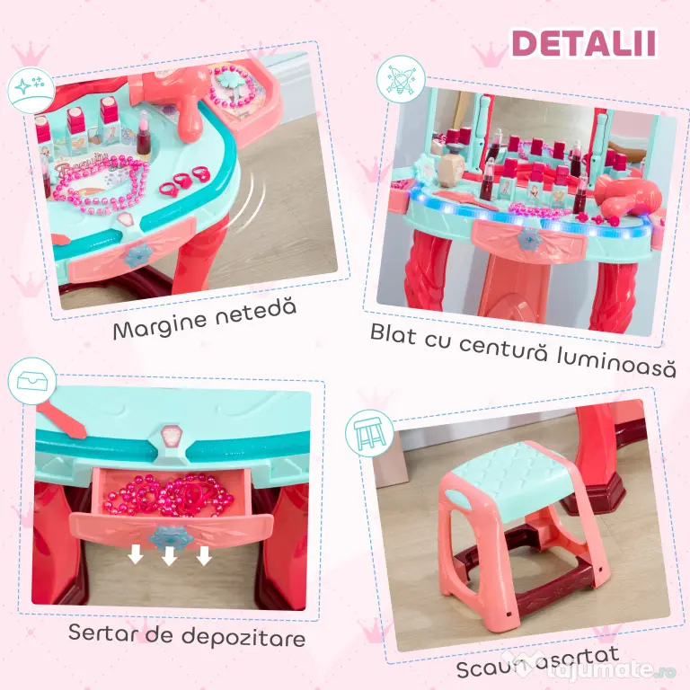AIYAPLAY Masă de Machiaj pentru Fetițe cu Scăunel, Oglindă, Lumini și Accesorii, 57x34x76 cm, Multicolor | Aosom Romania