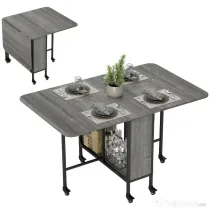 HOMCOM Masă Pliabilă, Rabatabilă pentru 4-6 Persoane cu Raft și 6 Roți, din Lemn și Metal, 130x80x74 cm, Gri | Aosom Romania