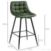 HOMCOM Set de 2 Scaune de Bar cu Spatar si Suport pentru Picioare, Scaune inalte Tapitate in Stil Nordic din Metal 