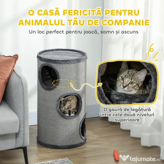 PawHut Cușcă pentru Pisici cu 3 Nivele, Zgârietoare din Sisal și Pluș, Ø38x70cm, Gri | Aosom Romania