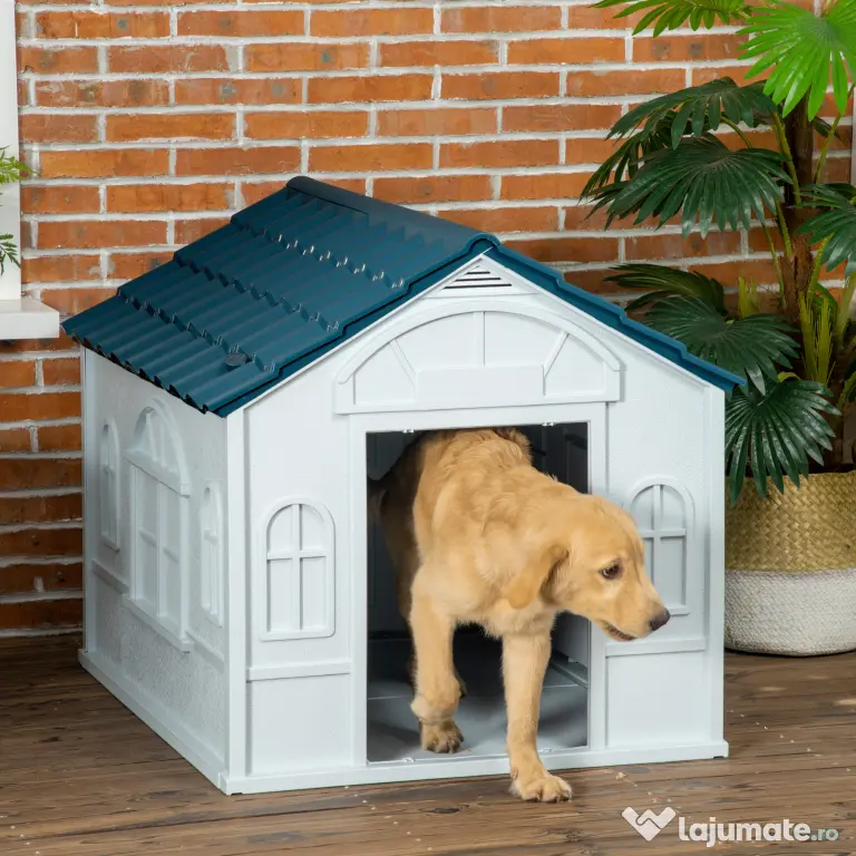 PawHut Casă Caini Plastic Talie Mare Rezistentă la Vreme Albastru 84.2x98.2x82cm | Aosom Romania