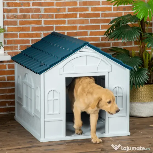 PawHut Casă Caini Plastic Talie Mare Rezistentă la Vreme Albastru 84.2x98.2x82cm | Aosom Romania