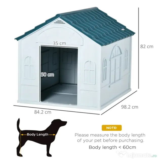 PawHut Casă Caini Plastic Talie Mare Rezistentă la Vreme Albastru 84.2x98.2x82cm | Aosom Romania