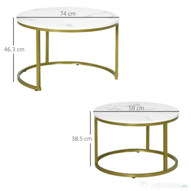 HOMCOM Set de 2 mese rotunde, set de masute de cafea stivuite cu cadru metalic pentru camera de zi, alb | Aosom Romania