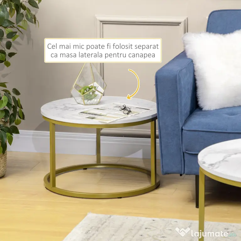 HOMCOM Set de 2 mese rotunde, set de masute de cafea stivuite cu cadru metalic pentru camera de zi, alb | Aosom Romania
