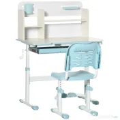 HOMCOM Set Birou și Scaun pentru Copii Reglabile, Inclinabilă la 60° cu Sertar, Rafturi și Suport, 3+ Ani, Albastru 
