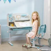 HOMCOM Set Birou și Scaun pentru Copii Reglabile, Inclinabilă la 60° cu Sertar, Rafturi și Suport, 3+ Ani, Albastru 