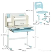 HOMCOM Set Birou și Scaun pentru Copii Reglabile, Inclinabilă la 60° cu Sertar, Rafturi și Suport, 3+ Ani, Albastru 