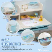 HOMCOM Set Birou și Scaun pentru Copii Reglabile, Inclinabilă la 60° cu Sertar, Rafturi și Suport, 3+ Ani, Albastru 