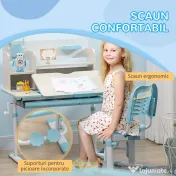 HOMCOM Set Birou și Scaun pentru Copii Reglabile, Inclinabilă la 60° cu Sertar, Rafturi și Suport, 3+ Ani, Albastru 