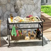 Outsunny Cărucior de Grădină pentru Servit, din Lemn cu Șipci și Oțel, Raft și Mâner, 107x65x80 cm