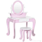 ZONEKIZ Set de Toaletă Machiaj, Măsuță de Machiaj cu Oglinzi și Taburet pentru Copii, Vârsta 3-6 Ani, 65,5x46x93 cm, Roz