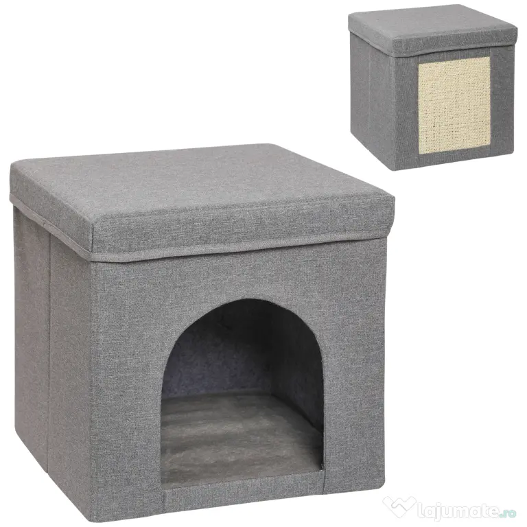 PawHut Căsuță Pliabilă pentru Pisici în Formă de Cub cu Pernă și Tăviță de Zgâriat, 36.5x36.5x36.5 cm, Gri | Aosom Romania