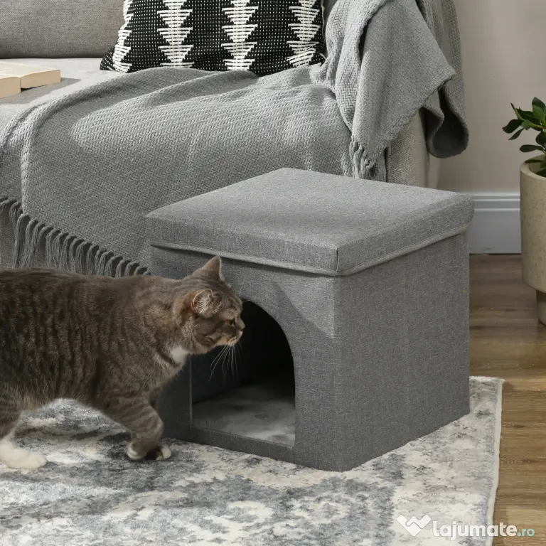 PawHut Căsuță Pliabilă pentru Pisici în Formă de Cub cu Pernă și Tăviță de Zgâriat, 36.5x36.5x36.5 cm, Gri | Aosom Romania