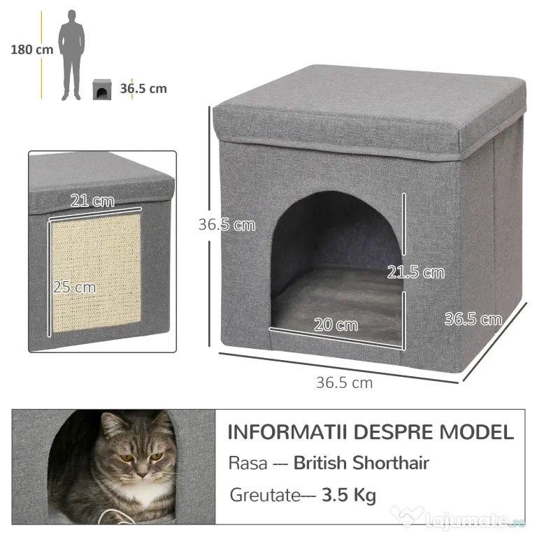 PawHut Căsuță Pliabilă pentru Pisici în Formă de Cub cu Pernă și Tăviță de Zgâriat, 36.5x36.5x36.5 cm, Gri | Aosom Romania