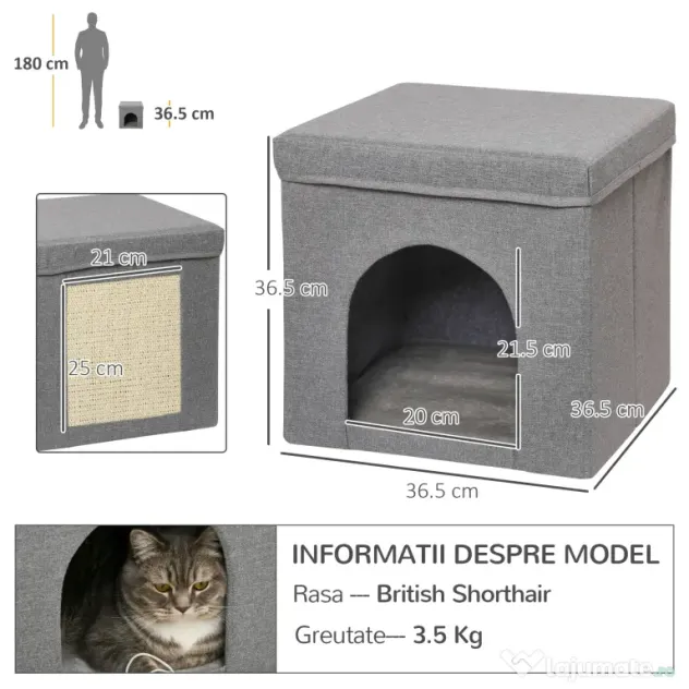 PawHut Căsuță Pliabilă pentru Pisici în Formă de Cub cu Pernă și Tăviță de Zgâriat, 36.5x36.5x36.5 cm, Gri | Aosom Romania