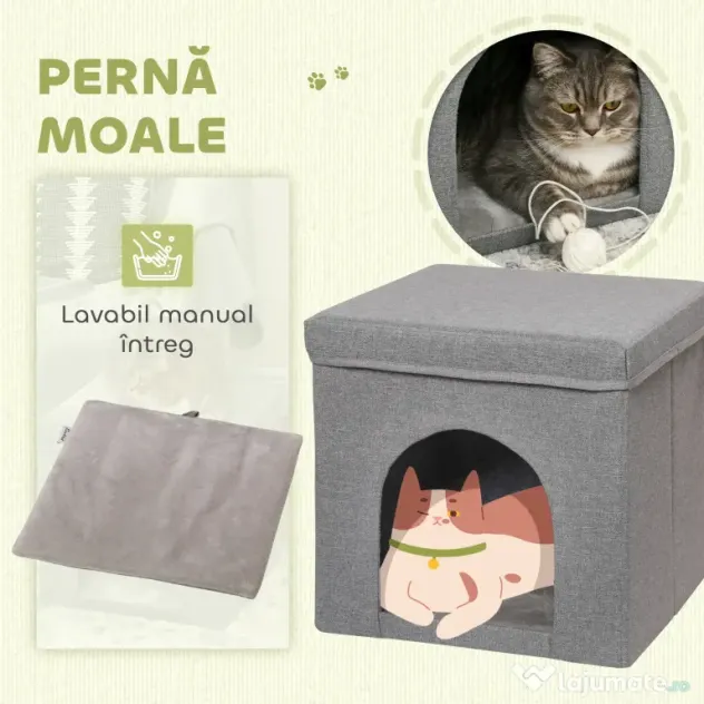 PawHut Căsuță Pliabilă pentru Pisici în Formă de Cub cu Pernă și Tăviță de Zgâriat, 36.5x36.5x36.5 cm, Gri | Aosom Romania