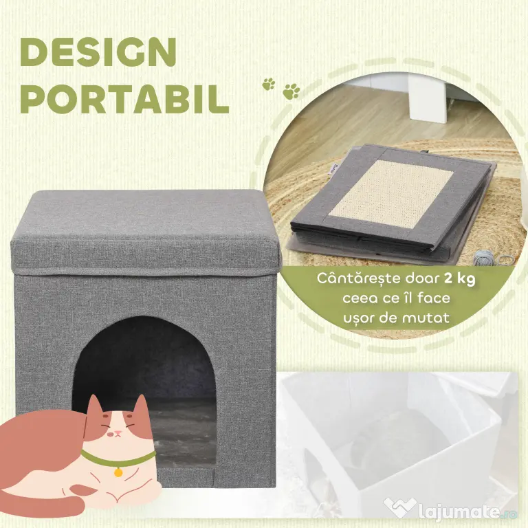 PawHut Căsuță Pliabilă pentru Pisici în Formă de Cub cu Pernă și Tăviță de Zgâriat, 36.5x36.5x36.5 cm, Gri | Aosom Romania
