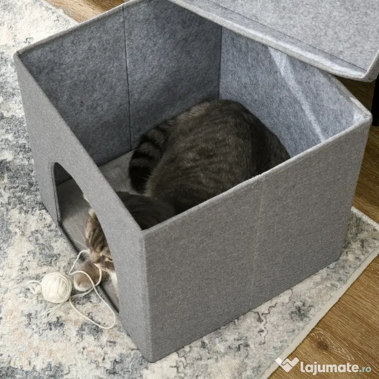PawHut Căsuță Pliabilă pentru Pisici în Formă de Cub cu Pernă și Tăviță de Zgâriat, 36.5x36.5x36.5 cm, Gri | Aosom Romania