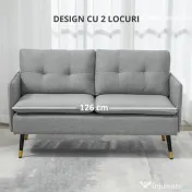 HOMCOM Canapea cu 2 Locuri din Material Textil cu Perne Capitonate, Canapea Modernă cu 2 Locuri cu Picioare din Oțel 139x68x80cm, Gri 