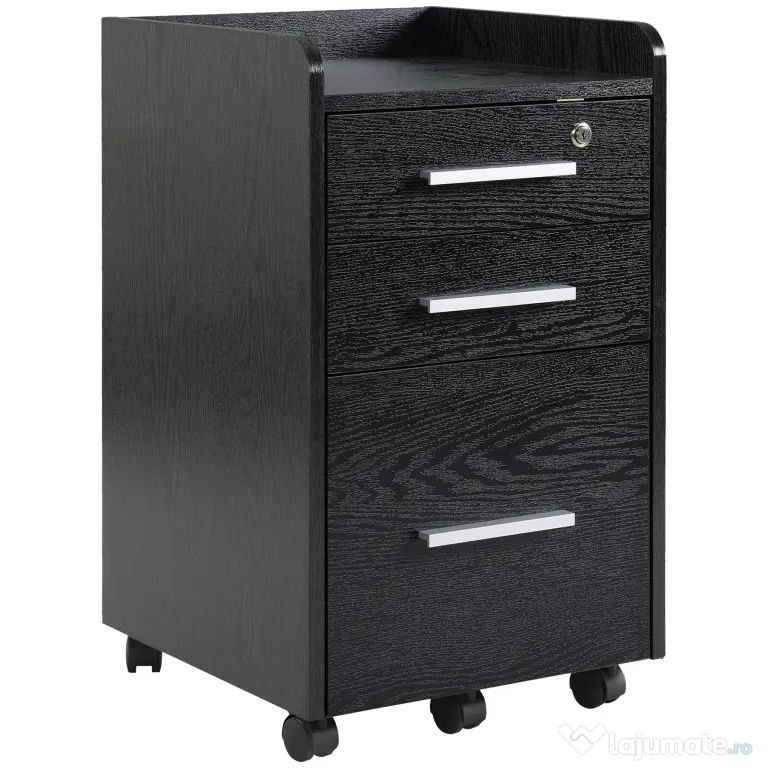 HOMCOM Dulap Portadocumente din Lemn cu 3 Sertare cu Chei de Securitate și 5 Roți, 39.2x40x65.4 cm, Negru | Aosom Romania