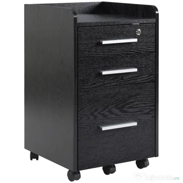 HOMCOM Dulap Portadocumente din Lemn cu 3 Sertare cu Chei de Securitate și 5 Roți, 39.2x40x65.4 cm, Negru | Aosom Romania
