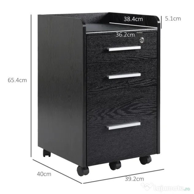 HOMCOM Dulap Portadocumente din Lemn cu 3 Sertare cu Chei de Securitate și 5 Roți, 39.2x40x65.4 cm, Negru | Aosom Romania