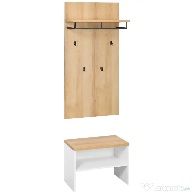 HOMCOM Entryway Organizer with Shoe Bench, Shoe Rack, Hall Tree with 4 Hooks, Coat Rack for Hallway, White and Natural | Aosom Romania