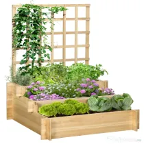 Outsunny Jardiniera cu 3 Niveluri cu Grilaj pentru Catarat Vita de Vie, Paturi Suprainaltate din Lemn pentru Gradina, Jardiniera in Aer Liber pentru Legume, Flori, Ierburi, Nuanta Natur
