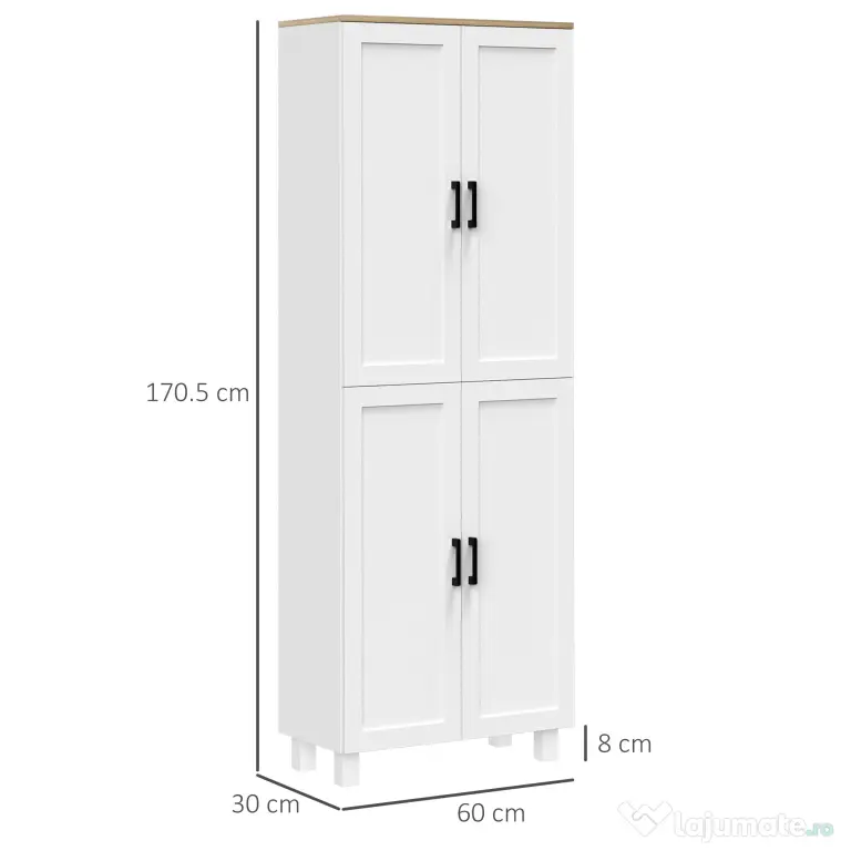 HOMCOM Dulap de Bucătărie cu 5 Rafturi Reglabile și 4 Uși, 60x30x170,5 cm, Alb | Aosom Romania