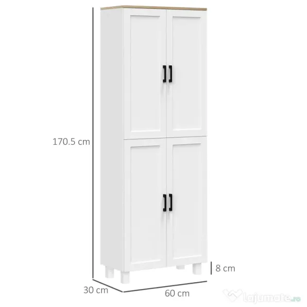 HOMCOM Dulap de Bucătărie cu 5 Rafturi Reglabile și 4 Uși, 60x30x170,5 cm, Alb | Aosom Romania
