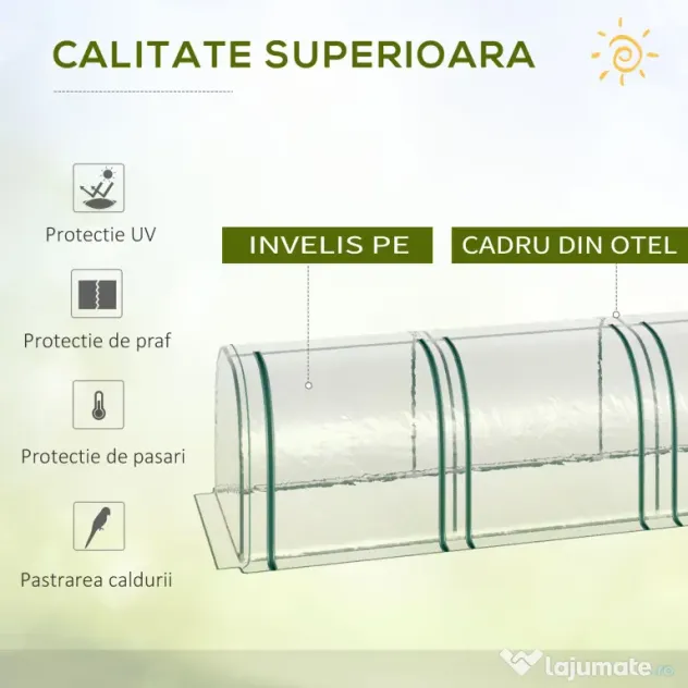 Outsunny Seră Tip Tunel pentru Plante și Flori, cu Ușă și Fermoar, 295x100x80 cm, Transparent | Aosom Romania