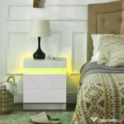 HOMCOM Noptieră cu lumină LED RGB, 2 sertare, 4 moduri de iluminare și 16 culori, din lemn, 45x35x52 cm, Alb
