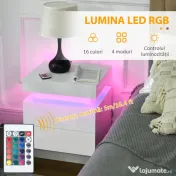 HOMCOM Noptieră cu lumină LED RGB, 2 sertare, 4 moduri de iluminare și 16 culori, din lemn, 45x35x52 cm, Alb