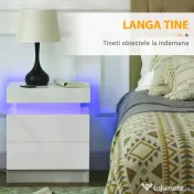 HOMCOM Noptieră cu lumină LED RGB, 2 sertare, 4 moduri de iluminare și 16 culori, din lemn, 45x35x52 cm, Alb