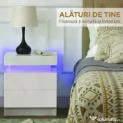 HOMCOM Noptieră cu lumină LED RGB, 2 sertare, 4 moduri de iluminare și 16 culori, din lemn, 45x35x52 cm, Alb