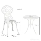 Outsunny Set pentru gradina 3 bucati din aluminiu alb cu design floral, 2 scaune pentru exterior 45x42x85.5 cm si masa rotunda Ø61x66.5 cm | AOSOM RO
