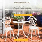 Outsunny Set pentru gradina 3 bucati din aluminiu alb cu design floral, 2 scaune pentru exterior 45x42x85.5 cm si masa rotunda Ø61x66.5 cm | AOSOM RO