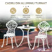 Outsunny Set pentru gradina 3 bucati din aluminiu alb cu design floral, 2 scaune pentru exterior 45x42x85.5 cm si masa rotunda Ø61x66.5 cm | AOSOM RO