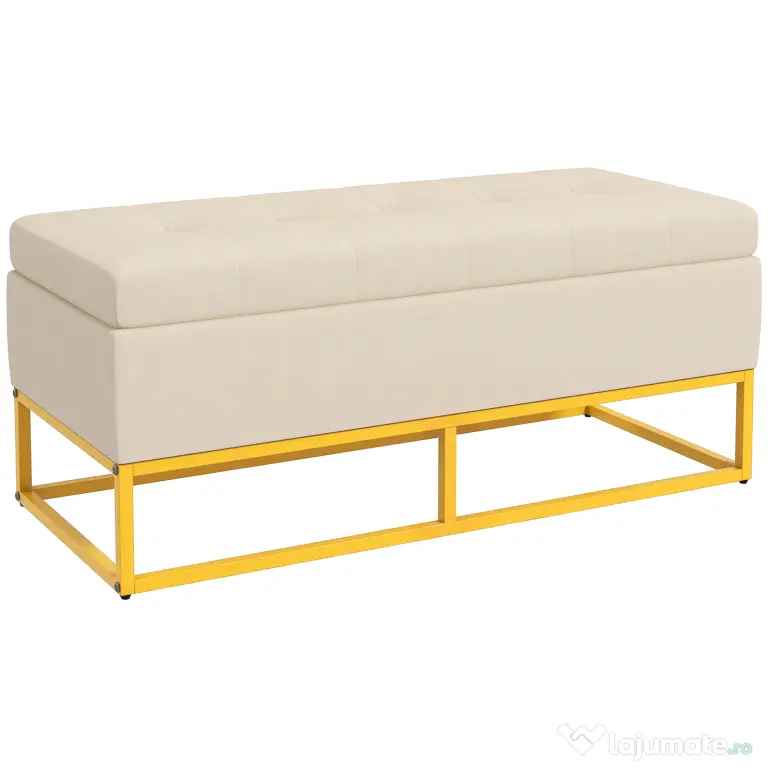 HOMCOM Bancă de Depozitare Rectangulară cu Șezut Căptușit și Picioare din Oțel, 110x44x49 cm, Bej | Aosom Romania