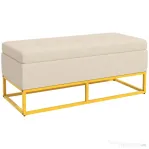 HOMCOM Bancă de Depozitare Rectangulară cu Șezut Căptușit și Picioare din Oțel, 110x44x49 cm, Bej | Aosom Romania