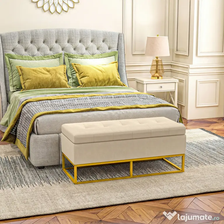 HOMCOM Bancă de Depozitare Rectangulară cu Șezut Căptușit și Picioare din Oțel, 110x44x49 cm, Bej | Aosom Romania