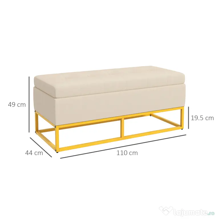 HOMCOM Bancă de Depozitare Rectangulară cu Șezut Căptușit și Picioare din Oțel, 110x44x49 cm, Bej | Aosom Romania