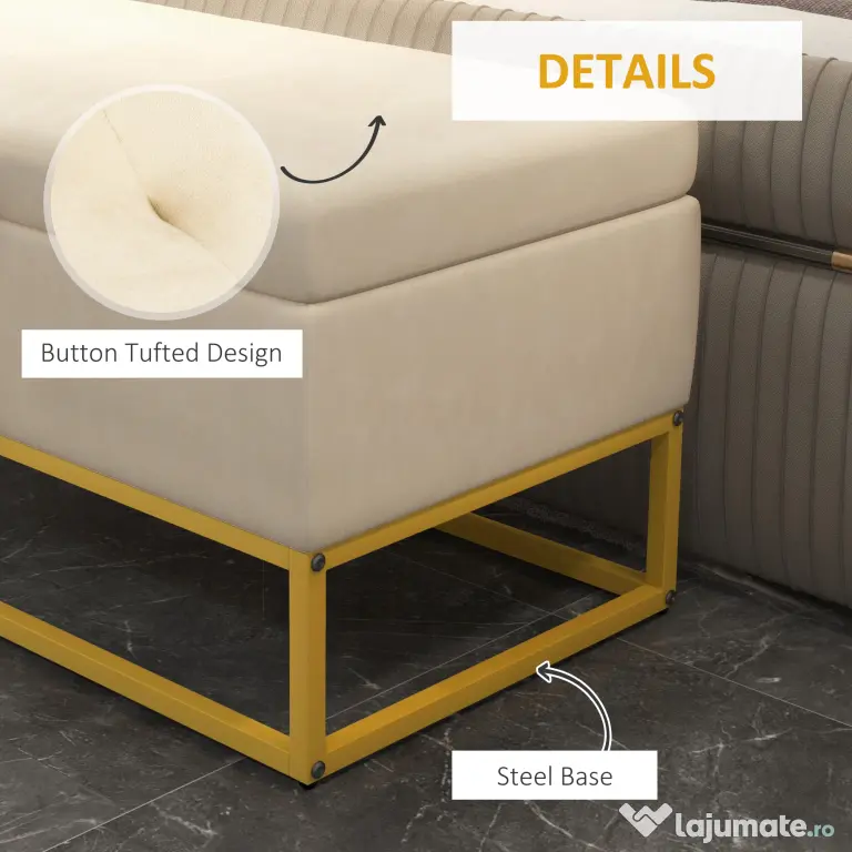 HOMCOM Bancă de Depozitare Rectangulară cu Șezut Căptușit și Picioare din Oțel, 110x44x49 cm, Bej | Aosom Romania