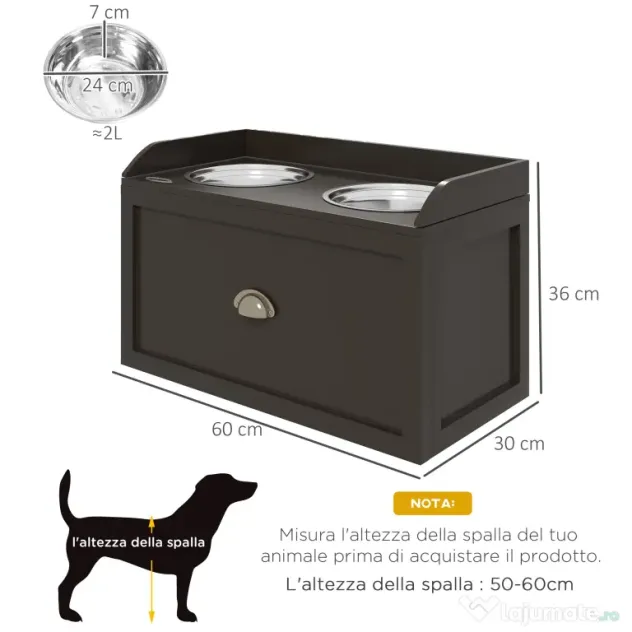 PawHut Statie Hranire Caini Mari – Suport inaltat cu 2 Boluri | Aosom Romania