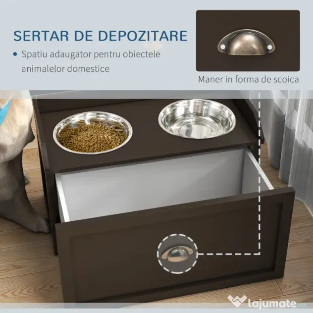PawHut Statie Hranire Caini Mari – Suport inaltat cu 2 Boluri | Aosom Romania