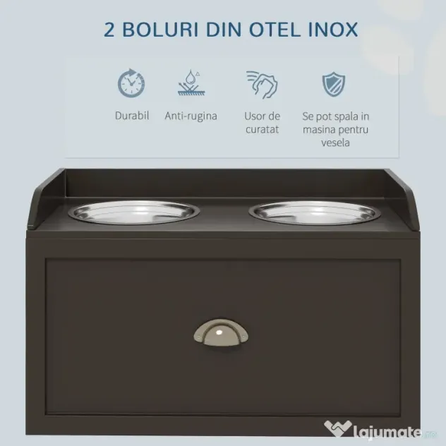 PawHut Statie Hranire Caini Mari – Suport inaltat cu 2 Boluri | Aosom Romania