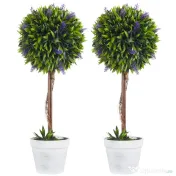 HOMCOM Set 2 Plante Artificiale Sferice cu Flori de Lavandă şi Vas, Ø24x60 cm, Verde | Aosom Romania 