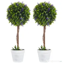 HOMCOM Set 2 Plante Artificiale Sferice cu Flori de Lavandă şi Vas, Ø24x60 cm, Verde