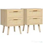 HOMCOM Set 2 Noptiere Boho Elegante, Mobilier Dormitor cu 2 Sertare, 40x40x56cm, Lemn Natural | Aosom Romania 